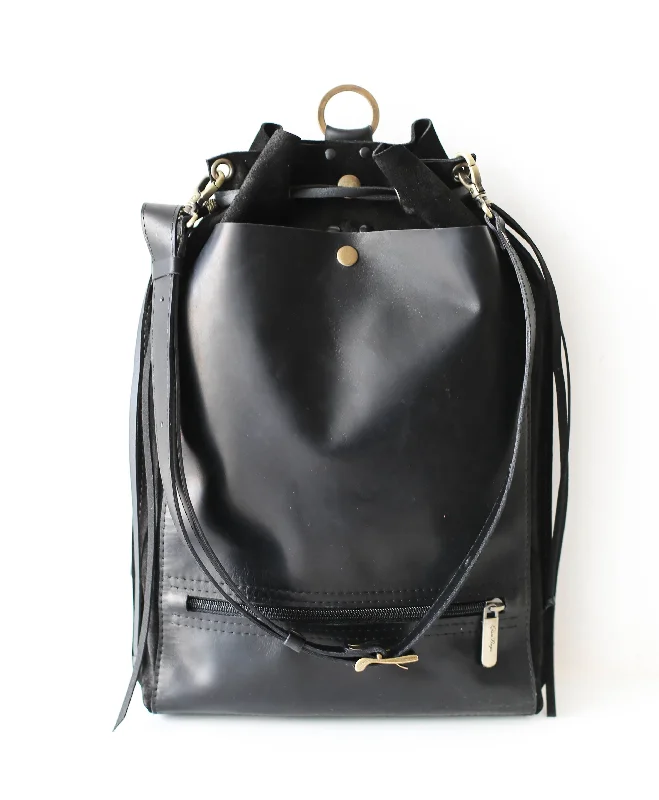 Black Leather Backpack Purse - Drawstring Backpack