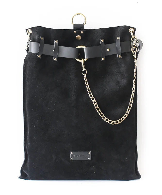 Black Suede Leather Backpack - "Ring Belt"