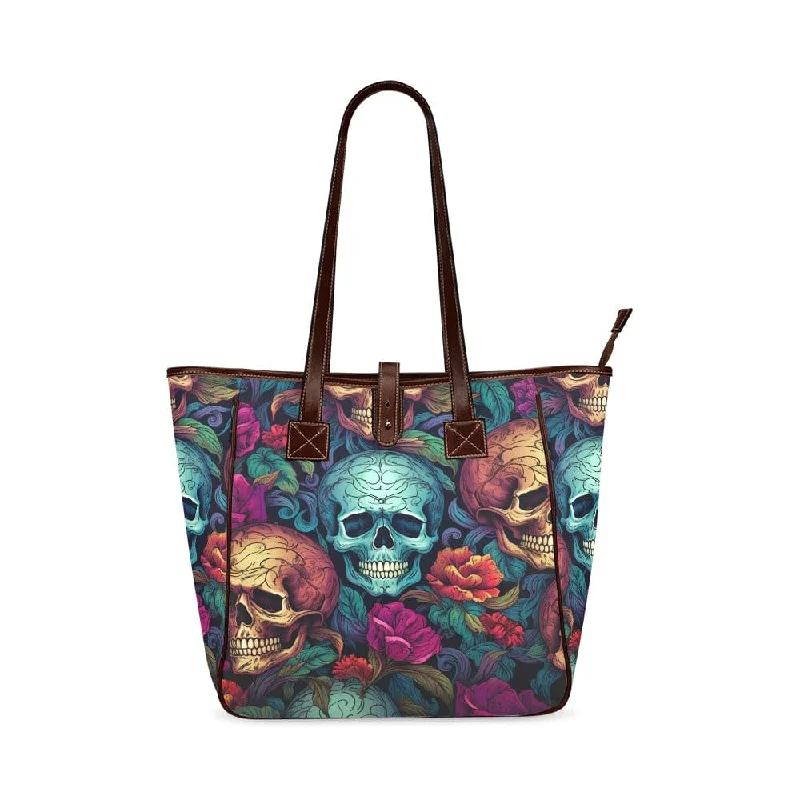 Blue & Gold Skulls 👜💀 With Floral Pattern Classic Tote Bag