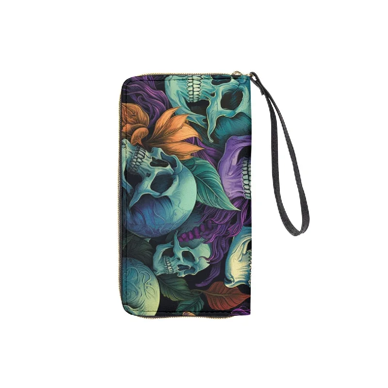 Blue Purple Skulls Floral Long Wallet With Black Hand Strap