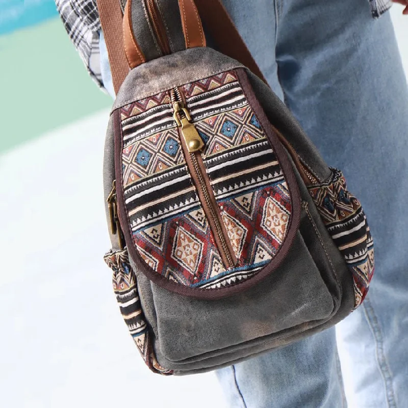 Boho Womens Canvas Rucksack Small Canvas Backpack Bag Chest Bag For Women