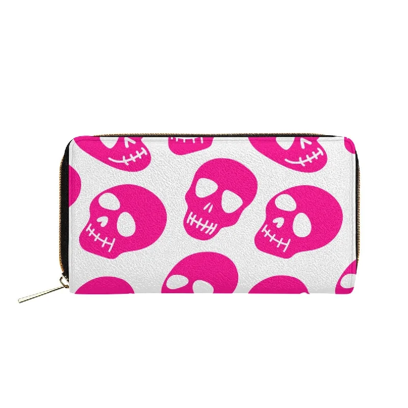 Bright Pink Skulls Wallet With Zipper Closure