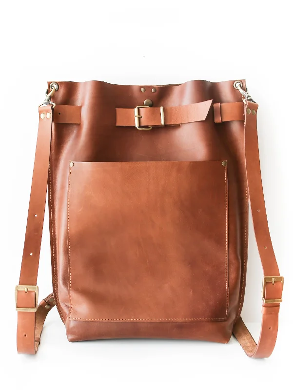 Brown Large Leather Backpack with Front Pocket