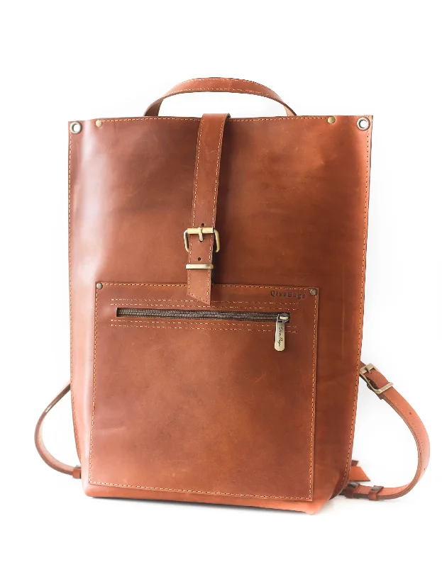 Brown Leather Laptop Backpack w/Zipper - Buckle Edition