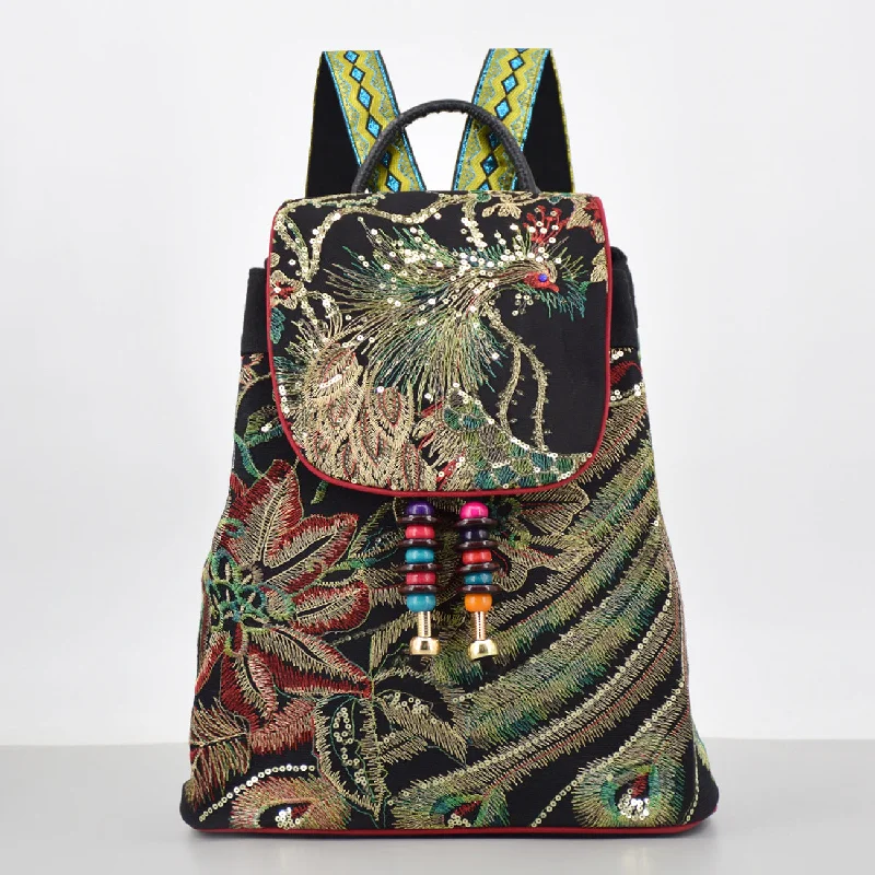 Chic Womens Embroidery Canvas Backpack Bag Rucksack