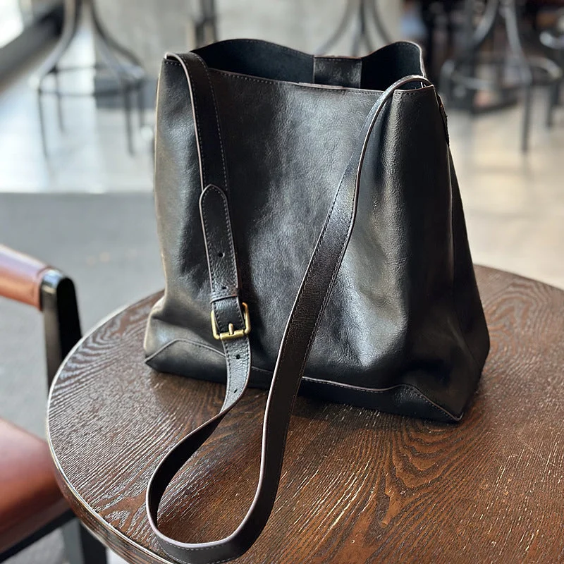 Chic Womens Leather Over The Shoulder Bag Black Tote Bags For Women