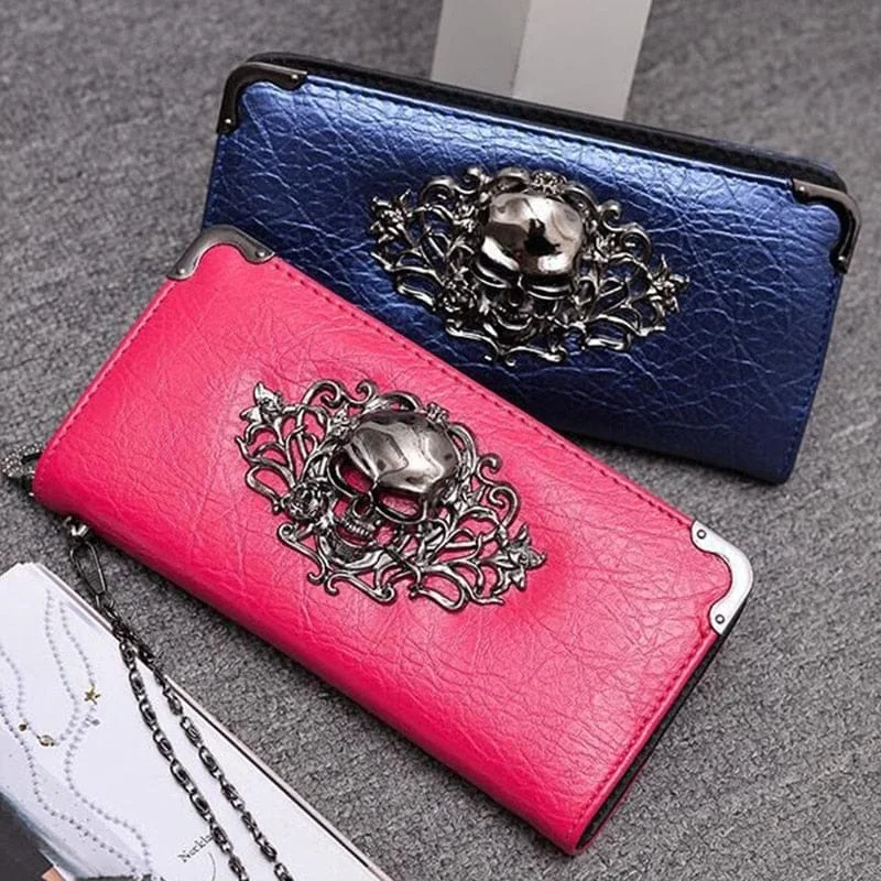 Clutch Coin Long Zipper Closure Skull Design Wallet