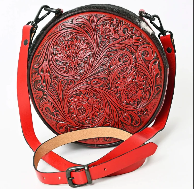 American Darling Hair-on Round Hand Tooled Bag-Red