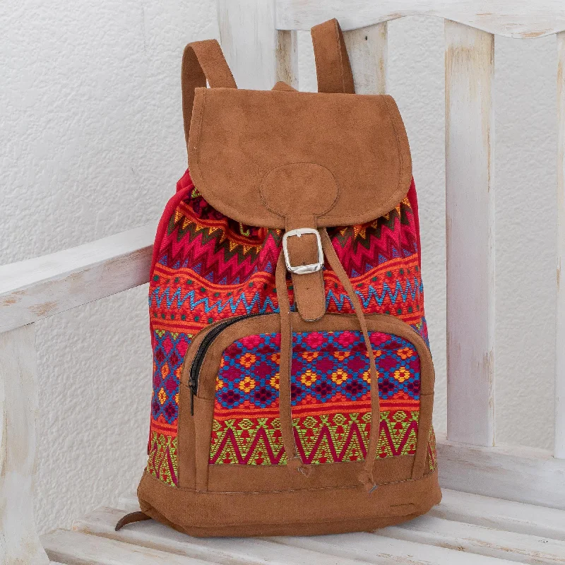 Flowers of Comalapa Zigzag Motif Handwoven Cotton Backpack from Guatemala