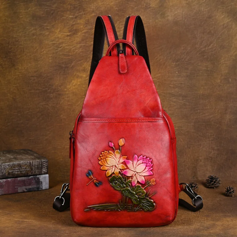 Lotus Pattern Ladies Leather Backpack Purse Ladies Small Leather Rucksack