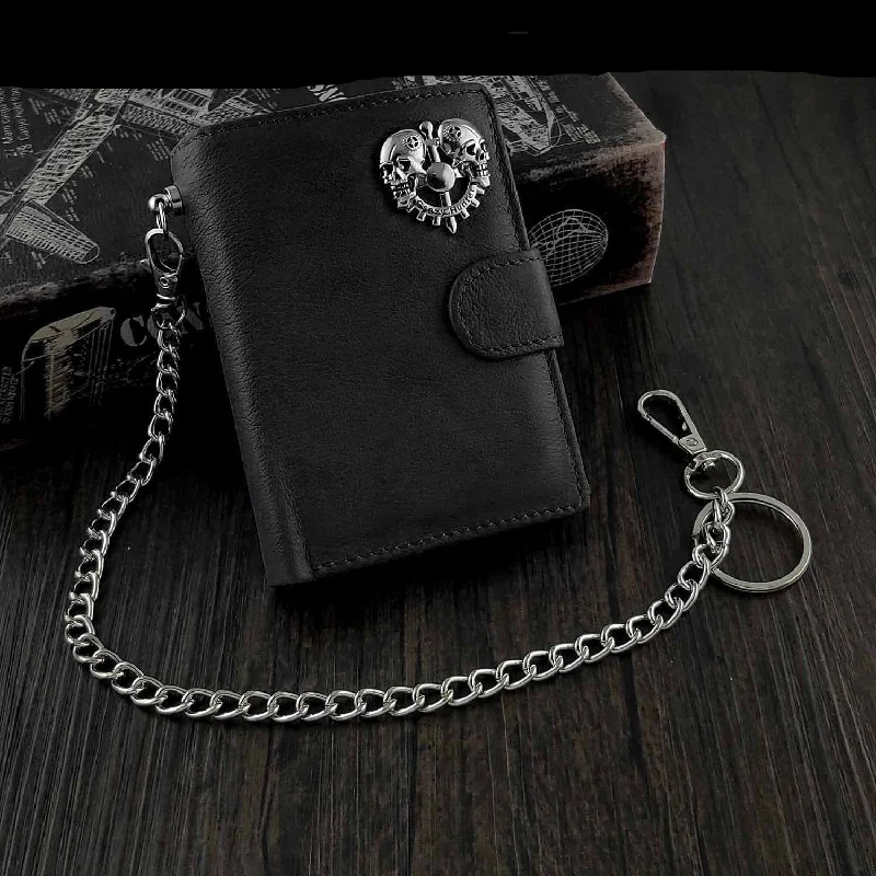 Men's Genuine Leather Snap Skull Biker Wallet with Safe Chain