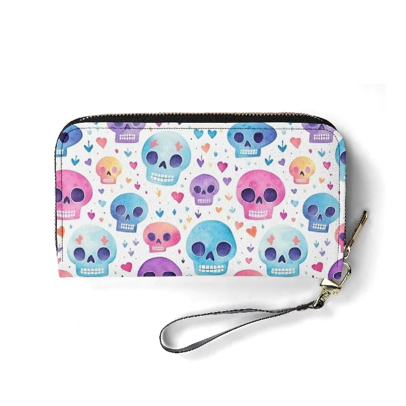 Pastel Pink, Blue Purple Skulls Large Long Wallet With Handle