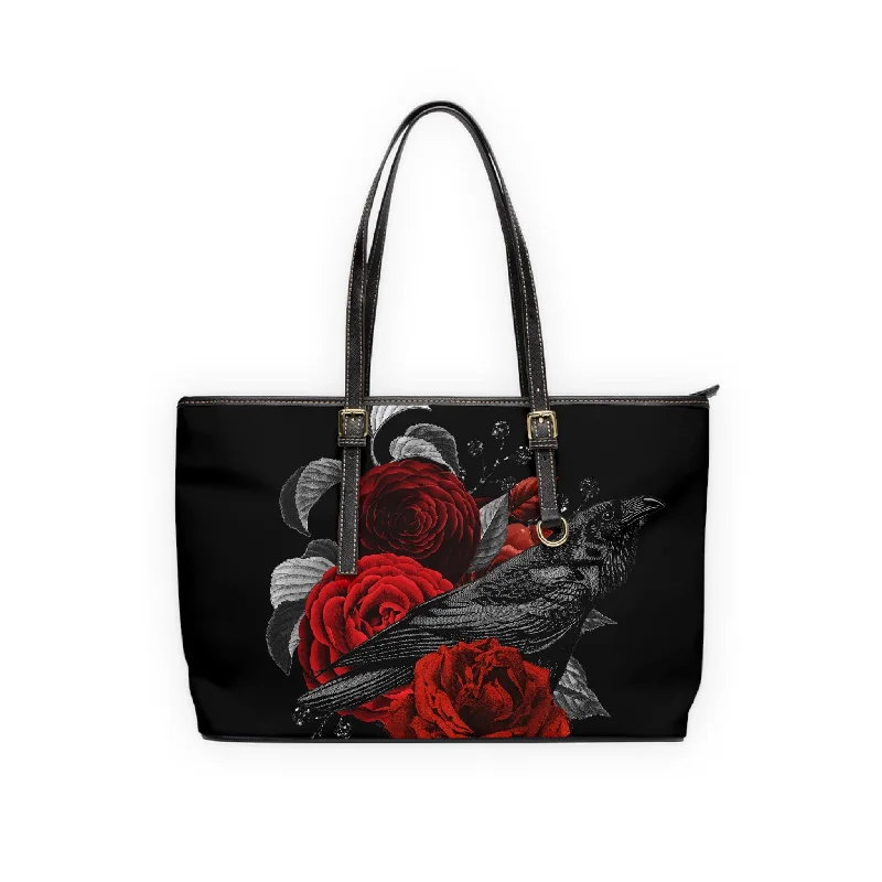 Raven Floral Red Roses Tote Bag