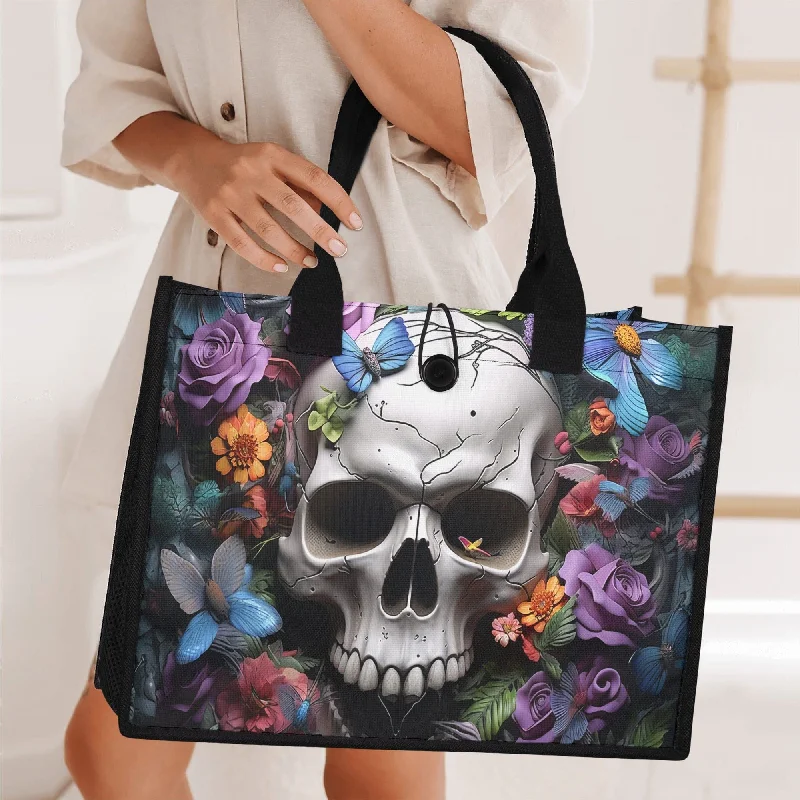 Skull and Floral Butterfly Design Tote Bag A Unique Statement Piece