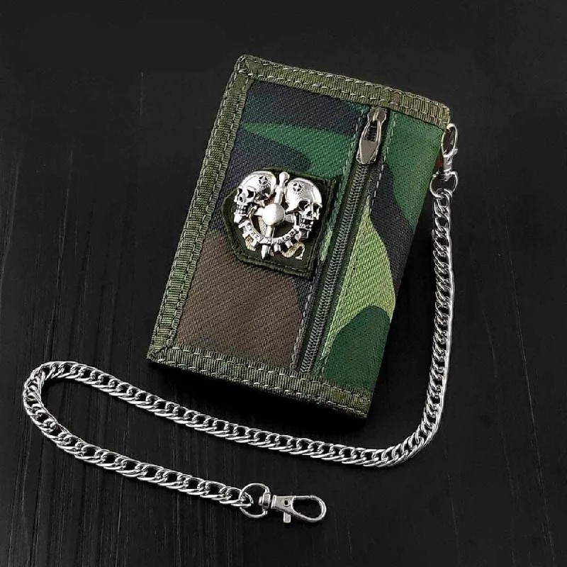 Skull Canvas Trifold Card Holder Wallet With safe Chain