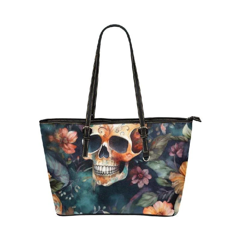 Skull Floral Brown Small Leather Tote Bag