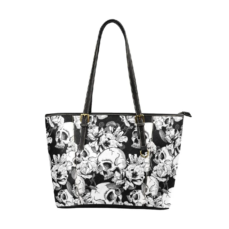 Skull Floral Grey White Leather Tote Bag