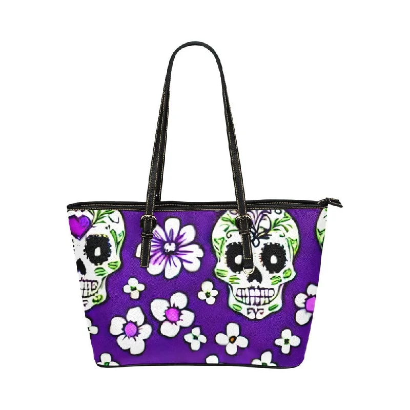 Skull Floral Purple Leather Large Tote Bag