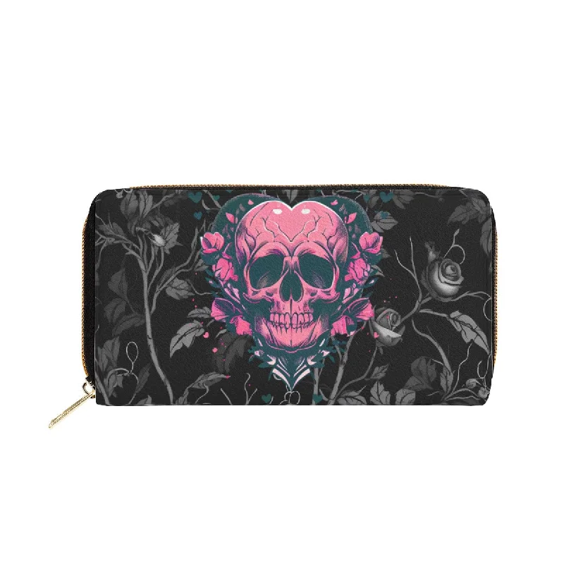 Skull Heart Zipper Wallet With Card Holder