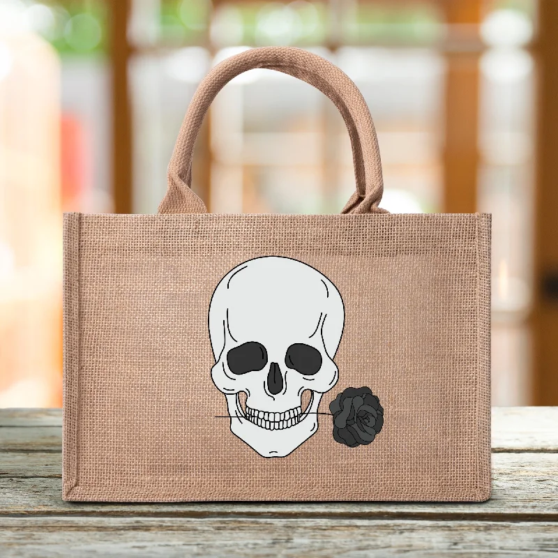 Skull Holding A Black Rose Brown Jute Burlap Tote Bag