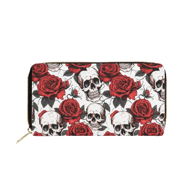 Skull & Red Roses Zipper Wallet with Card Holder