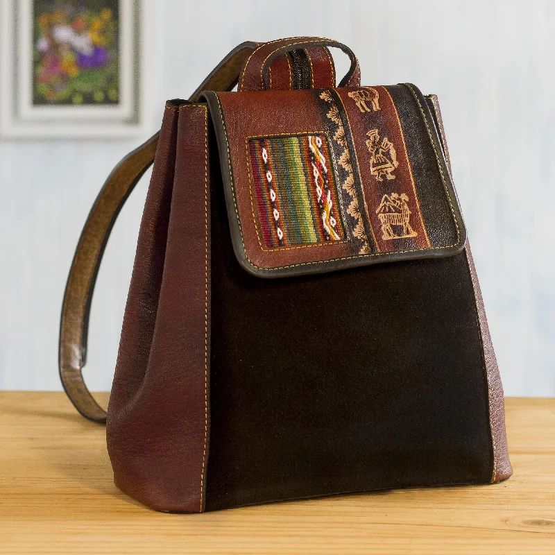 Trip to Cusco Hand- Tooled Leather and Suede Backpack