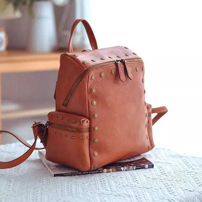 Vintage Women's Small Leather Backpack Purse Ladies Brown Leather Rucksack