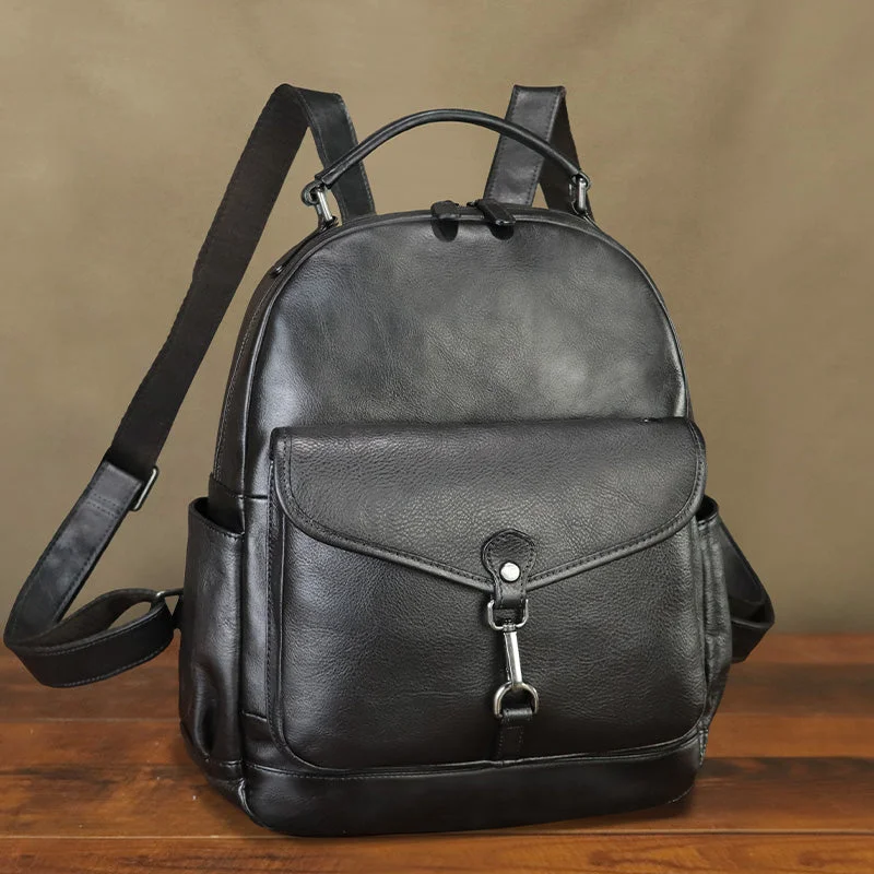 Vintage Womens Small Leather Black Backpack Bag Leather Rucksack