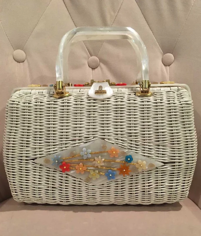 White Vintage Wicker Flower Handbag with Lucite Handles