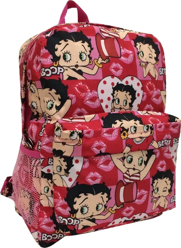 Women's Microfiber Large Backpack In Pink/red With Kisses