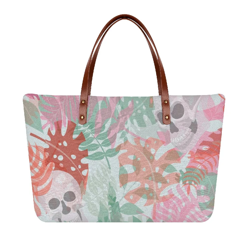 Womens Pink Floral Skulls Tote Bag