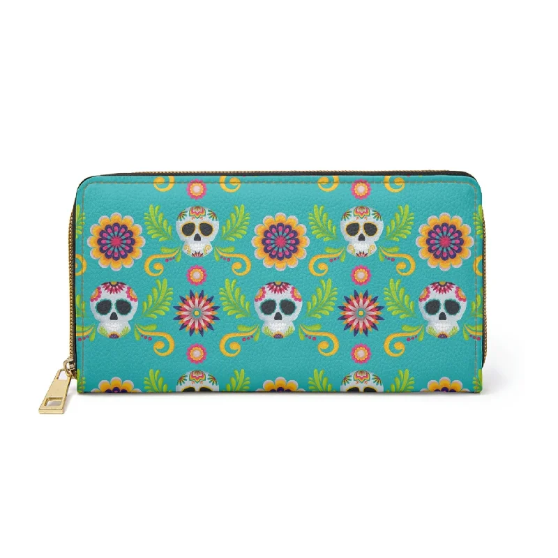 Women's Turquoise Blue Skulls Zipper Wallet